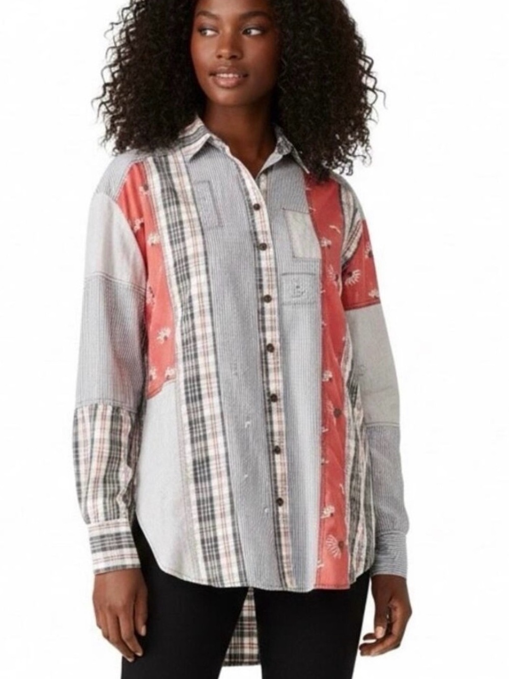 Free People All Patched Up Button Down Shirt Patchwork Plaid Floral Oversized M - Picture 6 of 15
